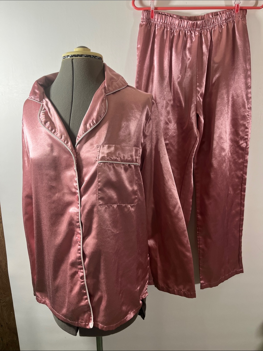 Anthony Richards Satin Pajama Set in Rose Pink with Contrast Piping